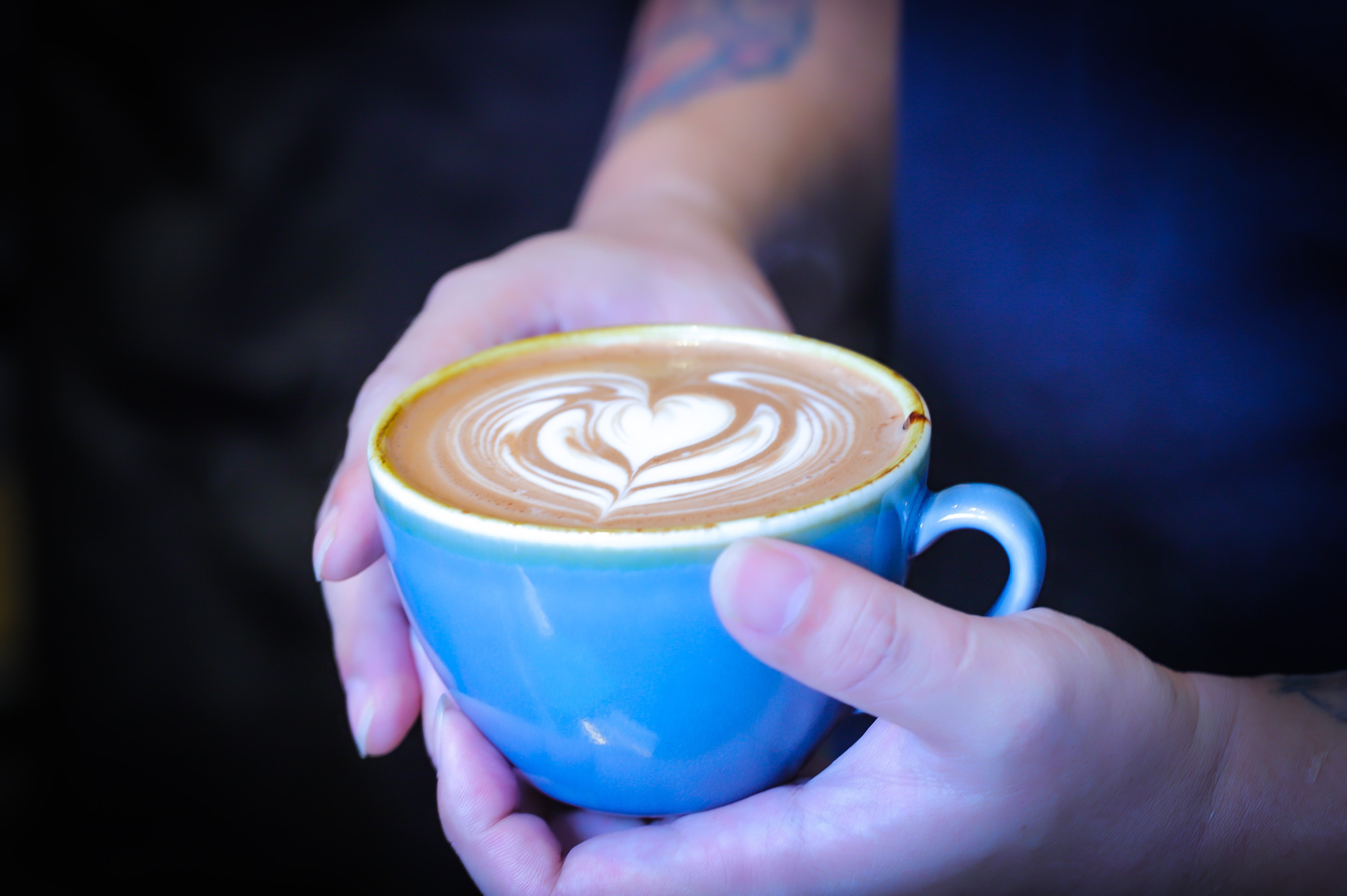 Hands cradling a cup of latte art